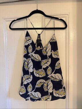 J.Crew Navy Yellow White Leaf Print Halter Tank Top size 8 100 percent silk